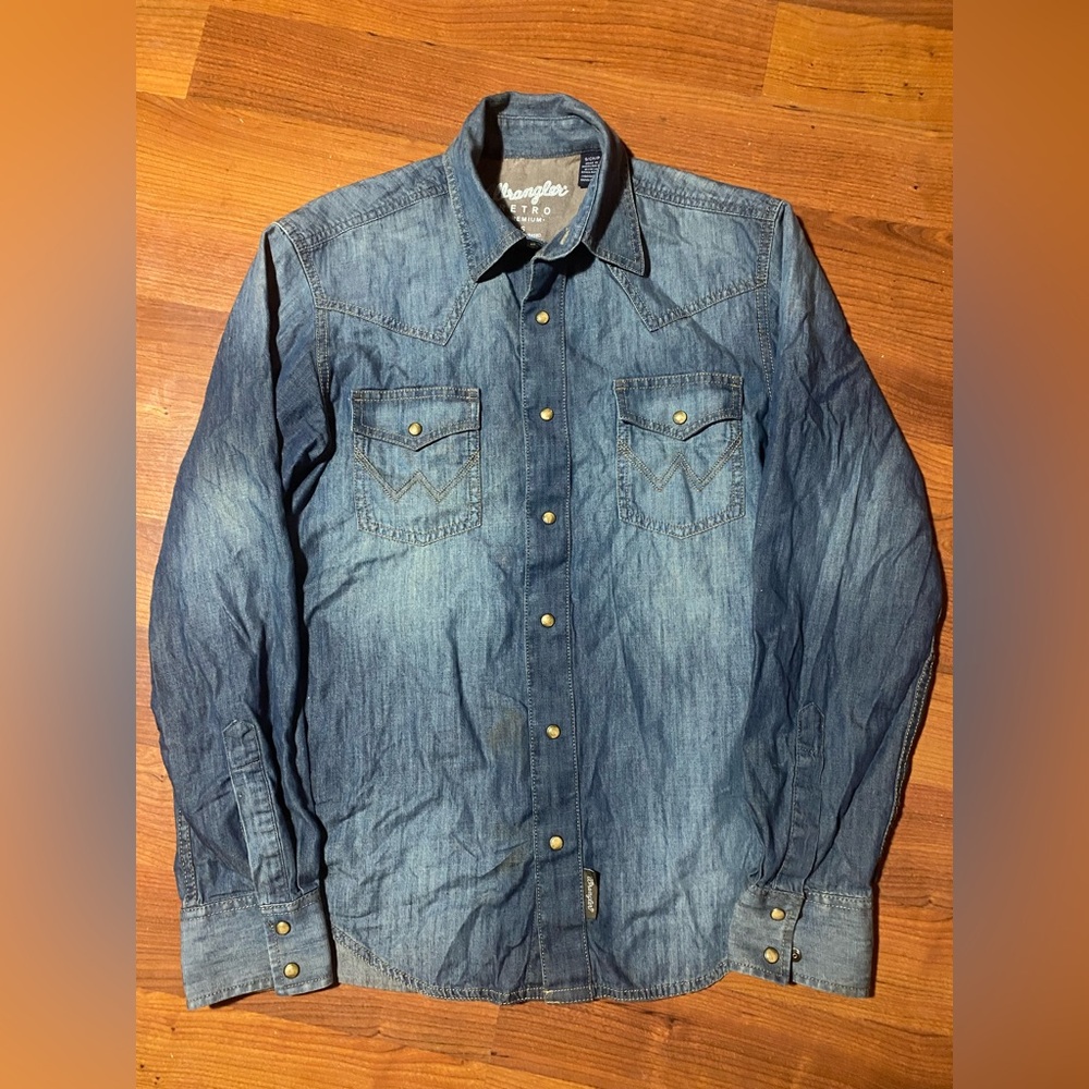 Wrangler Retro Premium Denim Pearl Snap Men Small Blue Long Sleeve Western Shirt